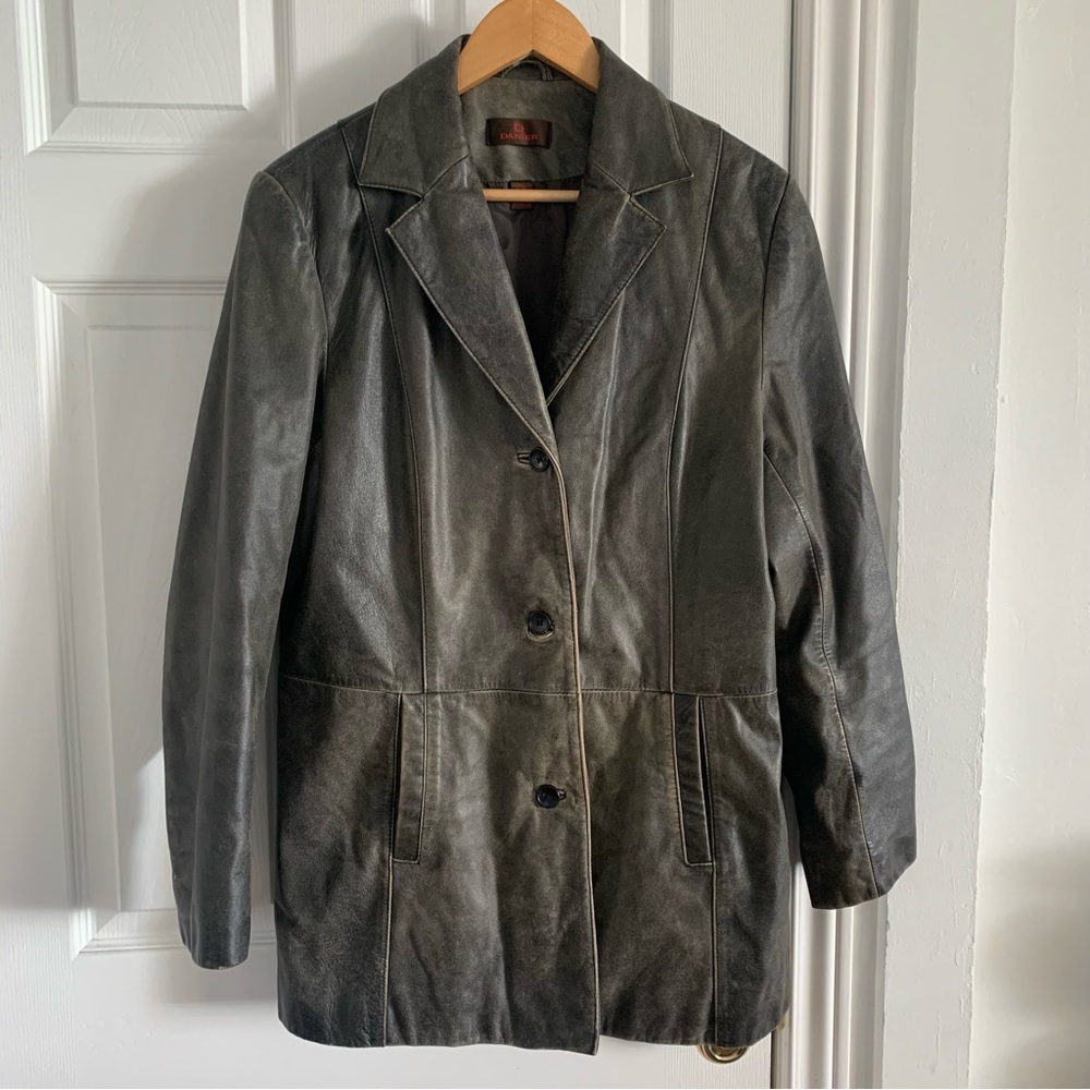 Distressed Black Button Front Leather Jacket